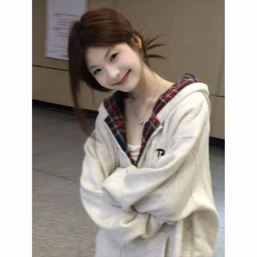 这件好好搭!!!韩系【格子拼接】校园风连帽卫衣女生韩版开衫外套