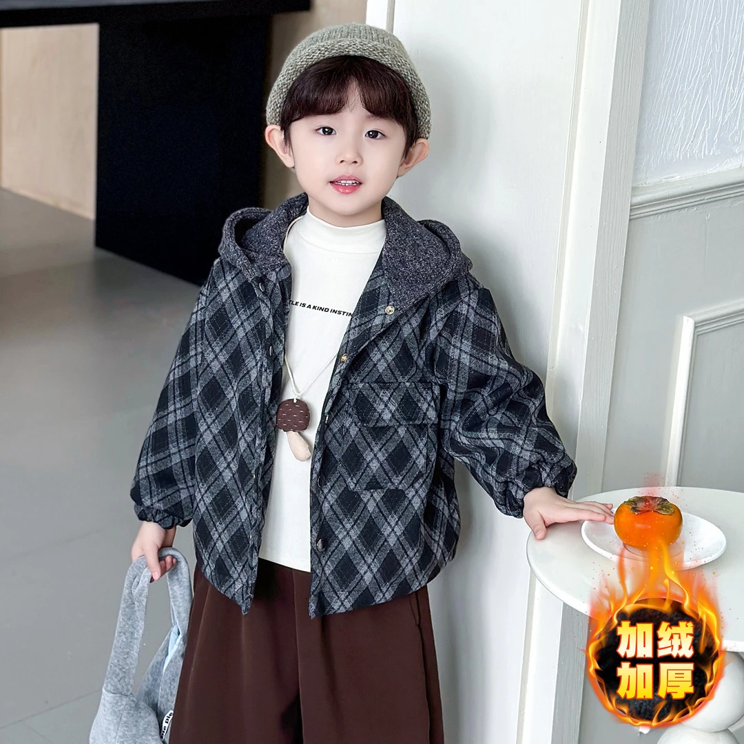 男童秋冬格子外套夹棉加厚2025新款儿童韩版上衣二棉冬装棉衣袄子