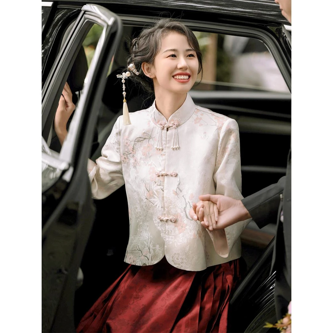 新中式旗袍上衣国风马面裙订婚套装女秋冬装唐装汉服结婚敬酒服