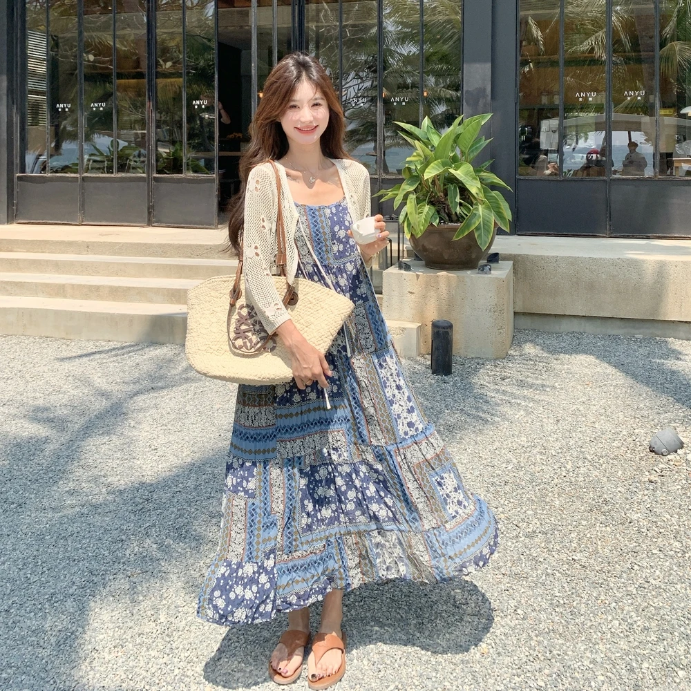 设计感套装女夏季流苏披肩开衫外套波西米亚碎花吊带连衣裙两件套