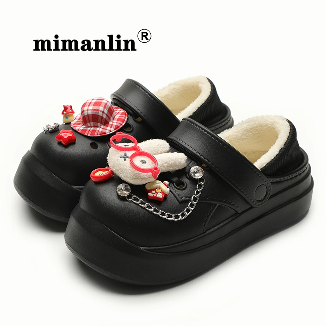 可爱兔子厚底鞋女秋冬加绒保暖百搭增高防滑冬季防水棉鞋洞洞鞋