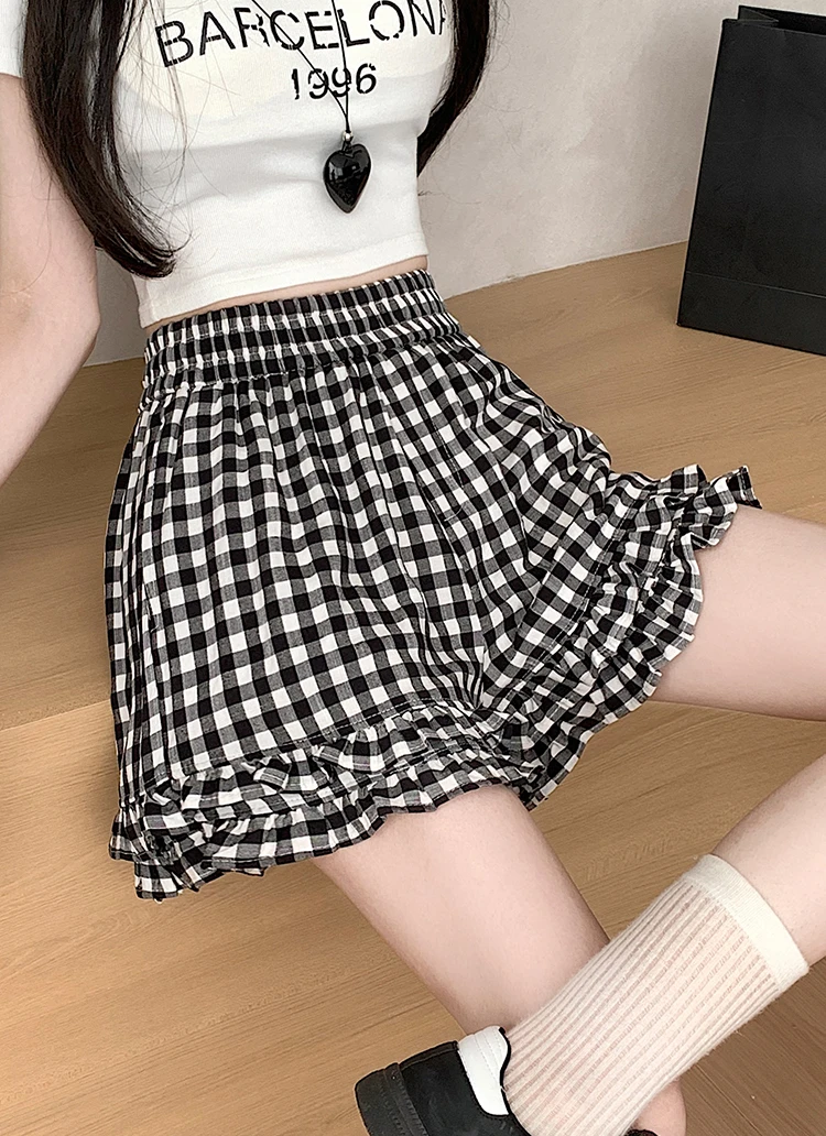 韩系甜美花边格子短裤女2025夏季新款小个子宽松百搭阔腿休闲裤潮