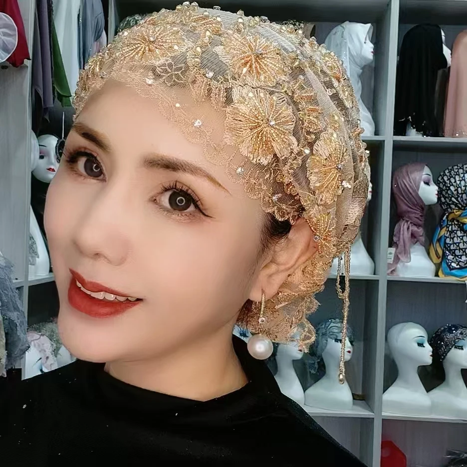 波浪花水晶流苏鱼尾帽网红帽子包头帽镂空头巾