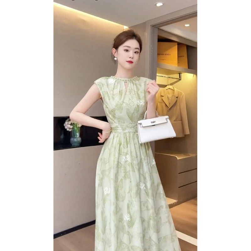 高端精致茶歇法式薄荷曼波风绿色无袖印花连衣裙2025年新款女夏季