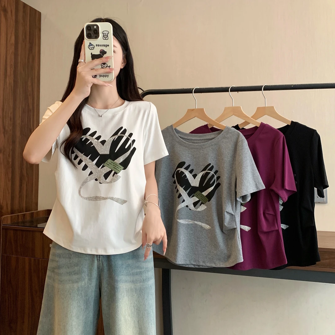 【wy】2025大码女装夏季新款圆领爱心短袖T恤上衣3275