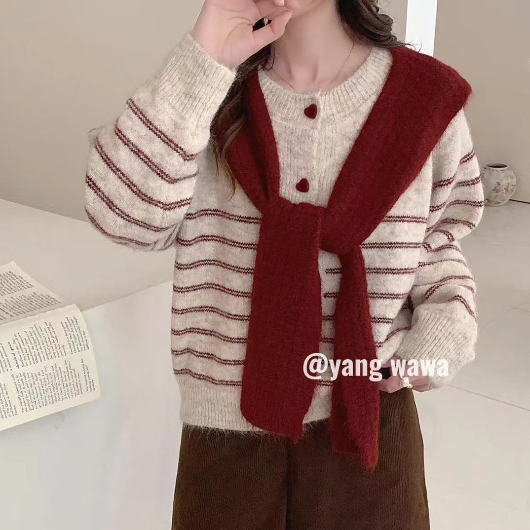 新疆包邮【c281】条纹圆领针织开衫（带披肩）-衣长61