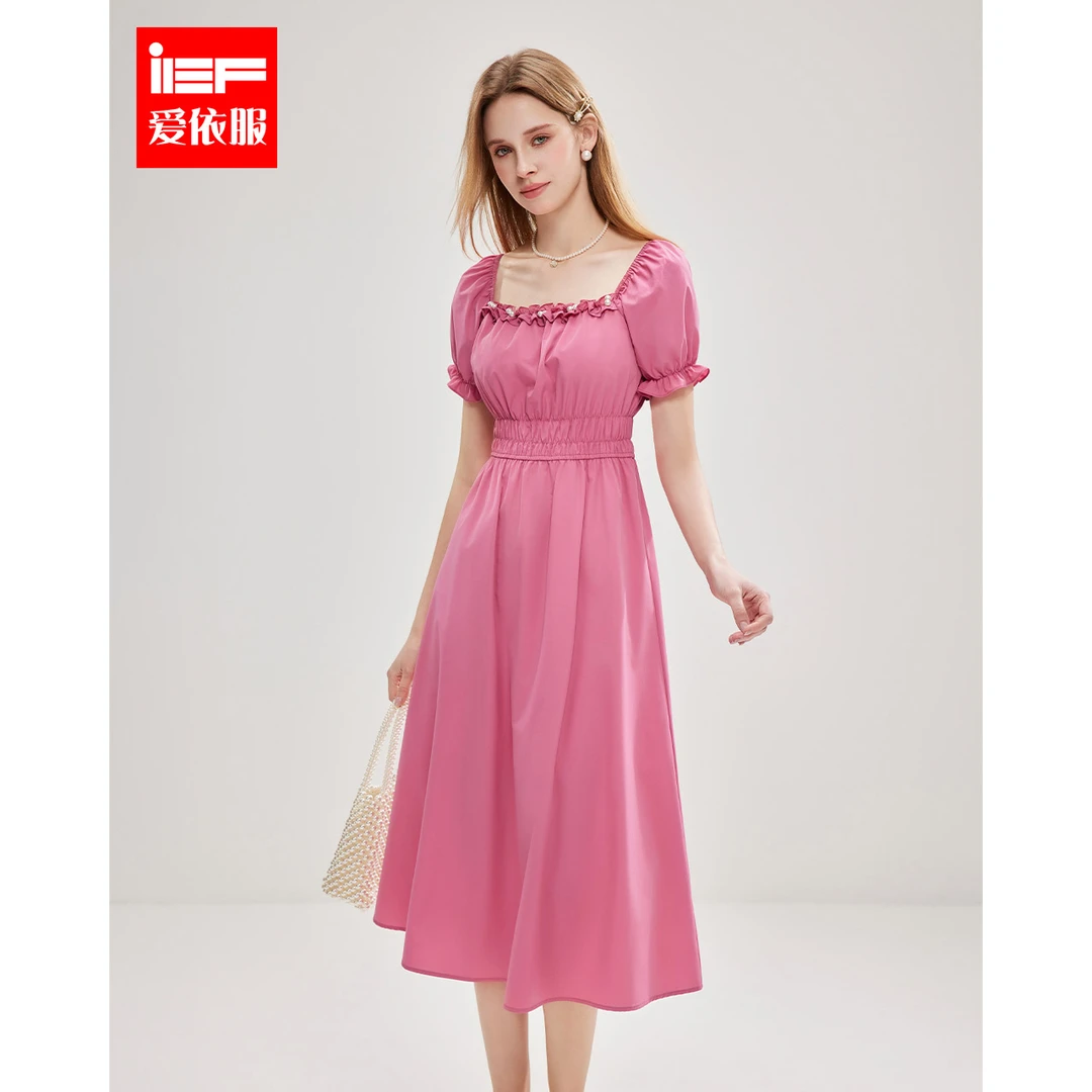 IEF/爱依服2025夏季新款长裙法式方领温柔风气质收腰显瘦连衣裙