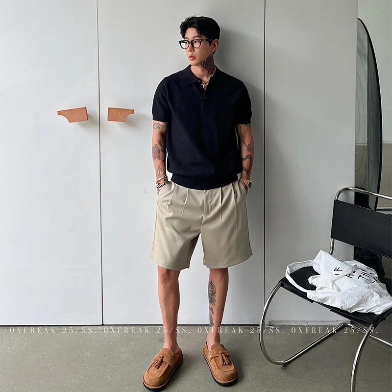 OXFREAK「一字领 珠地棉」老钱针织短袖polo衫男短款修身翻领t恤