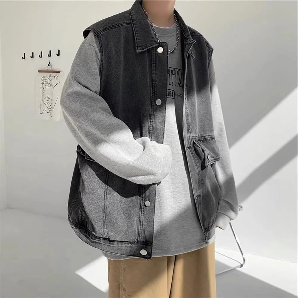 港风复古水洗牛仔马甲外套大码300斤百搭宽松显瘦无袖马夹男装秋