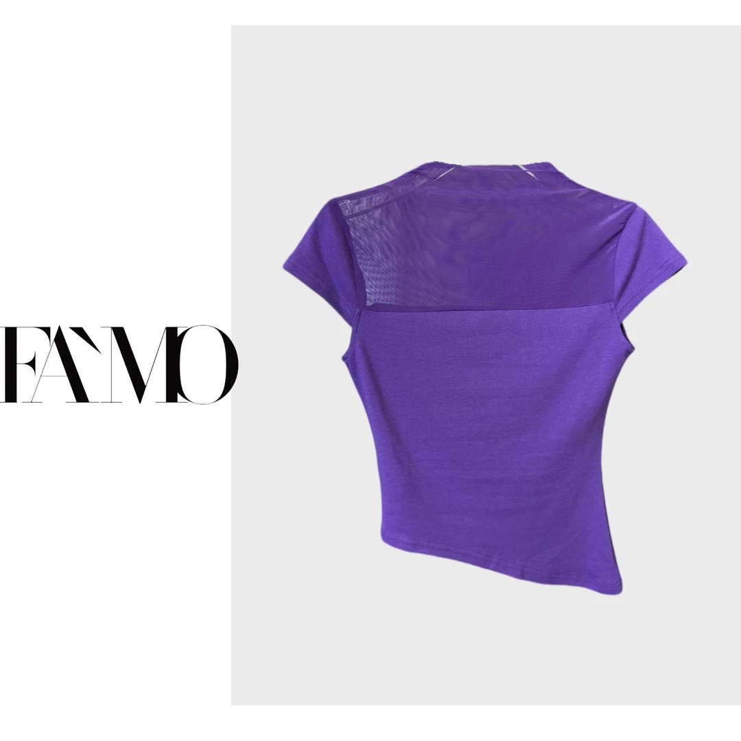 FAMO女装 2025夏季网纱设计立领针织网面拼接短袖T恤女 90470230