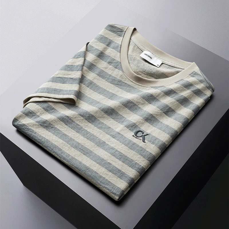 轻奢T恤男士2025年夏季新款条纹透气t恤休闲修身刺绣短袖百搭上衣