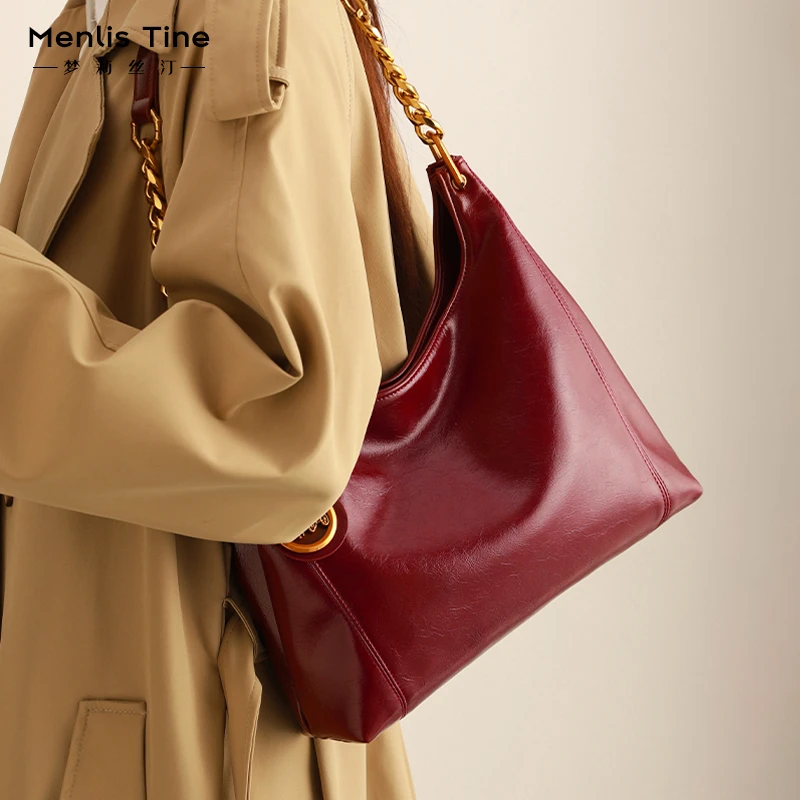 高级感油蜡皮红色新娘包日常可用新款大容量通勤单肩斜挎托特包女