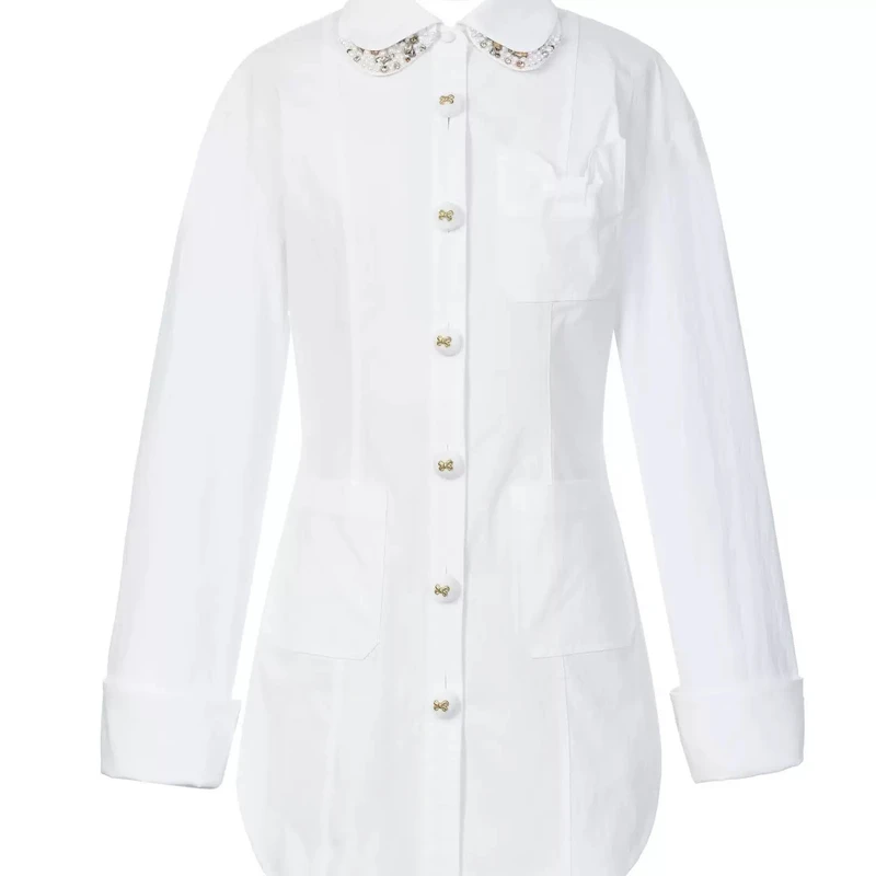 小呆鸟专享 法式复古宫廷风白色娃娃领钉珠衬衫2025春款设计感