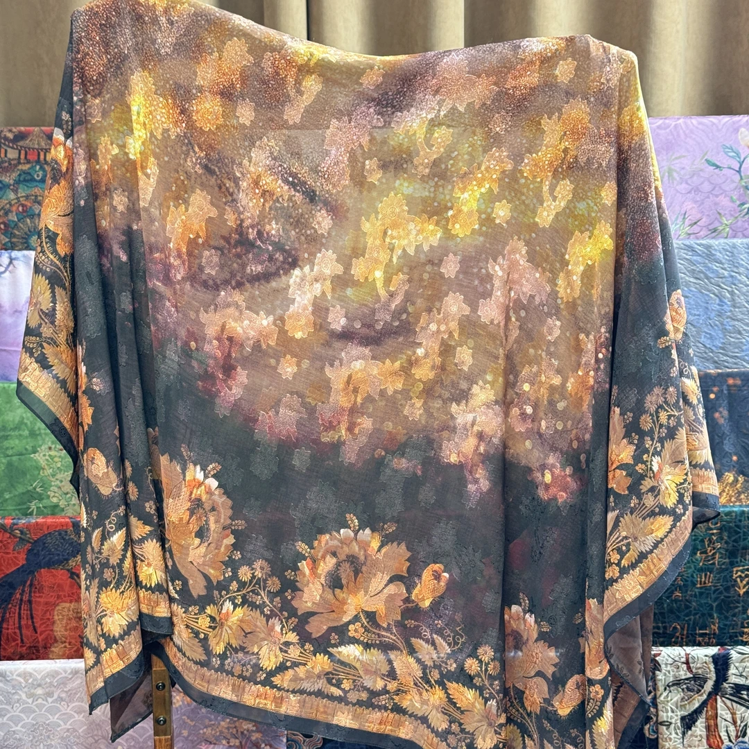 N248【棕叶蝶梦】140*140新中式立体百搭透气防晒围巾