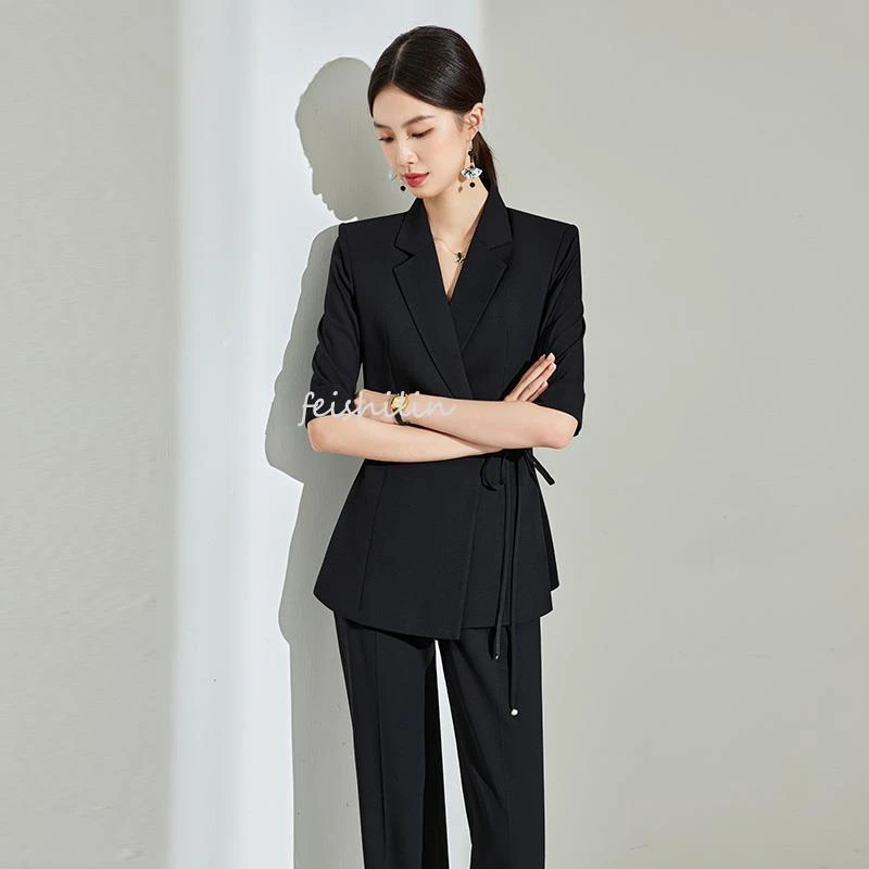 夏季新款时尚套装女黑色系带短袖西装喇叭裤服装气质高级职业通勤