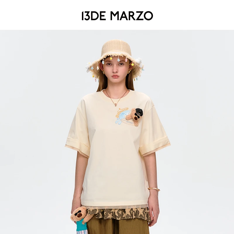 13DE MARZO男女同款 25春夏新款冲浪玩偶短袖宽松休闲上衣棉质T恤