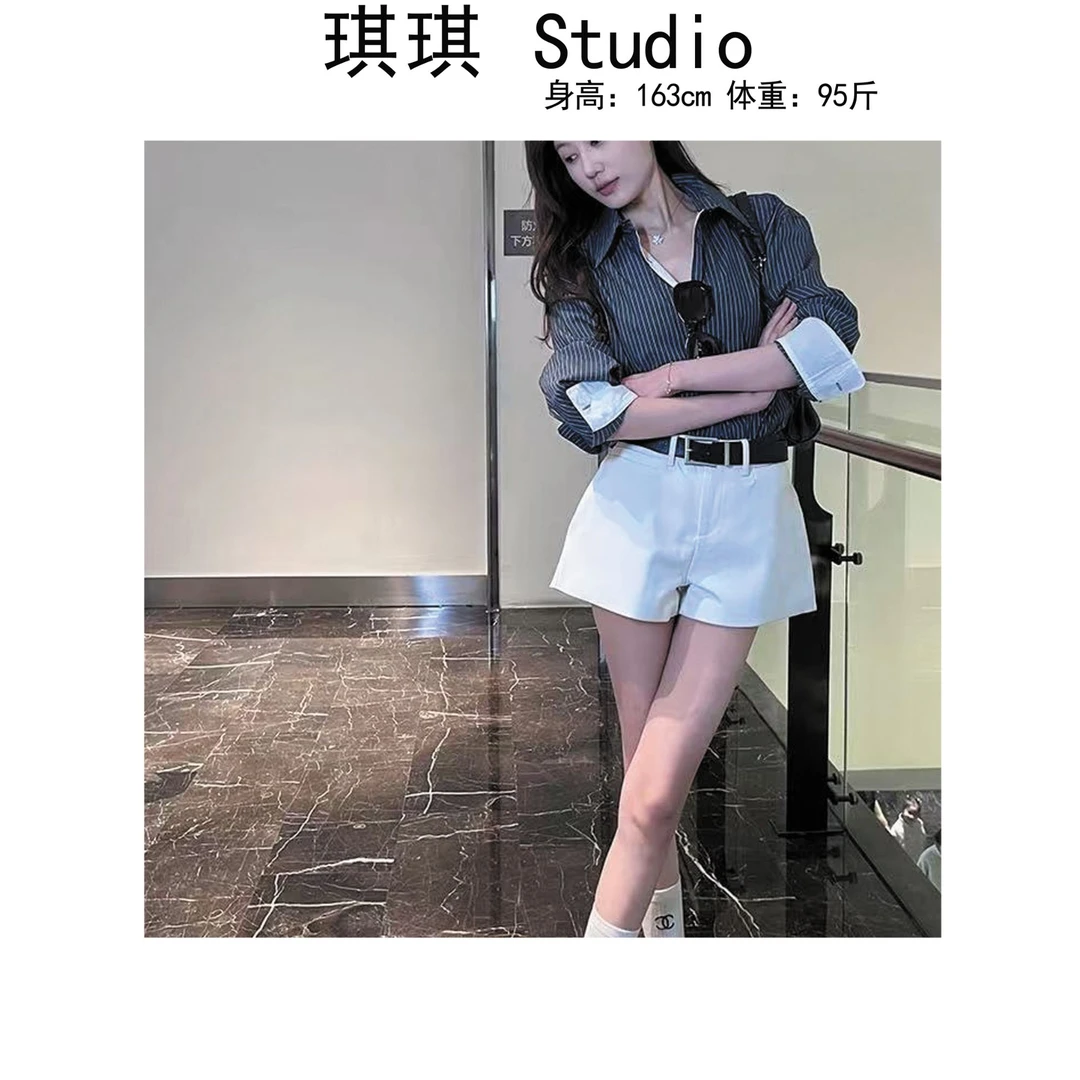 《琪琪家》夏季新款气质时尚显瘦减龄衬衫短裤带腰带两件套3096-Y