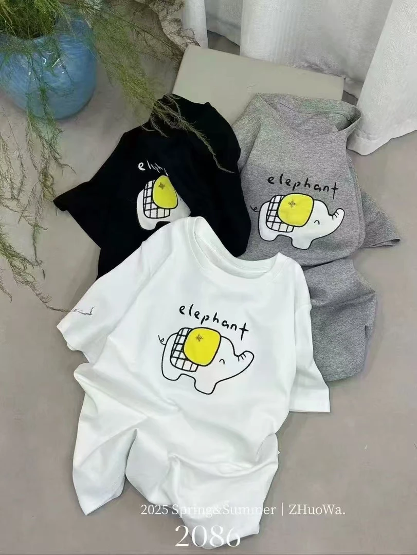 2086中长款印花常规圆领短袖卡通T恤洋气宽松