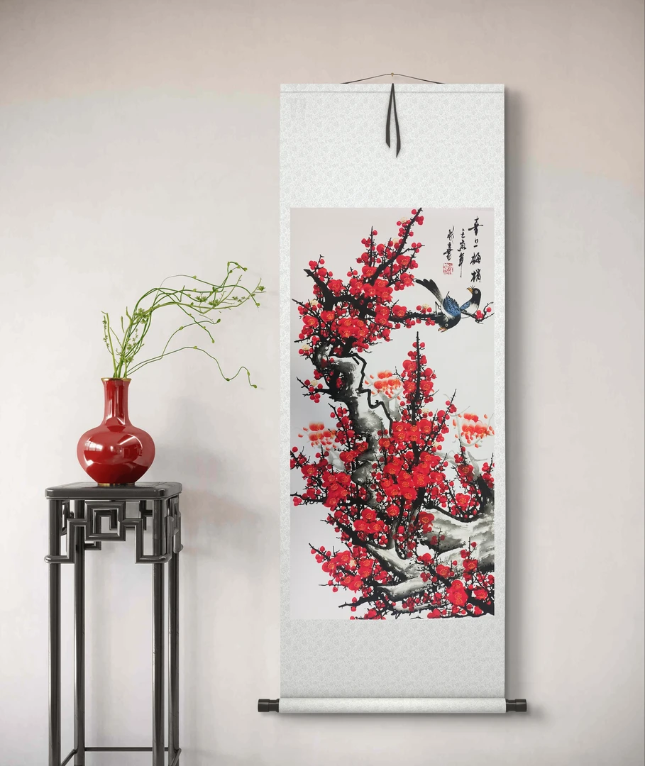 《喜上梅梢》玄关挂画字画墙壁风景油画梅花现代油画装饰画竖72*175