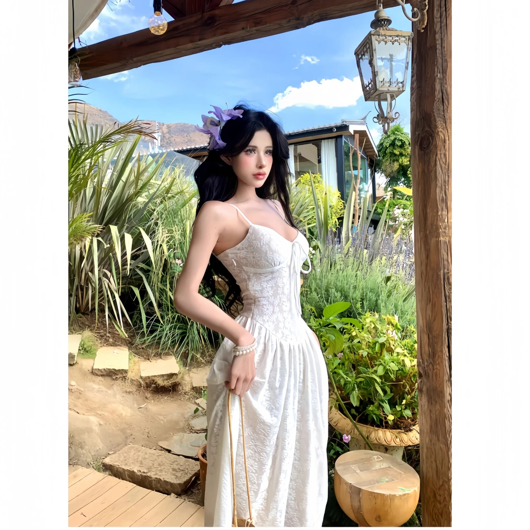 《初见白月》法式收腰欧若风吊带裙+外套套装女超仙海边度假吊带裙