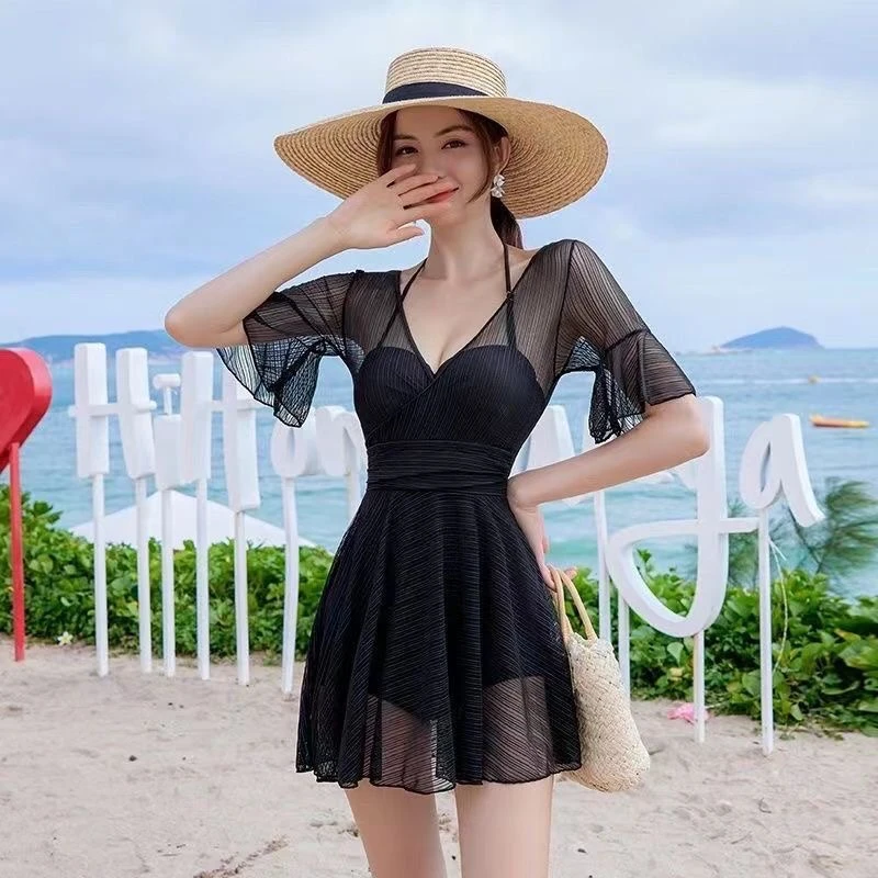 连体 泳衣女仙女范连体温泉游泳衣蕾丝遮肚显瘦裙式泳衣