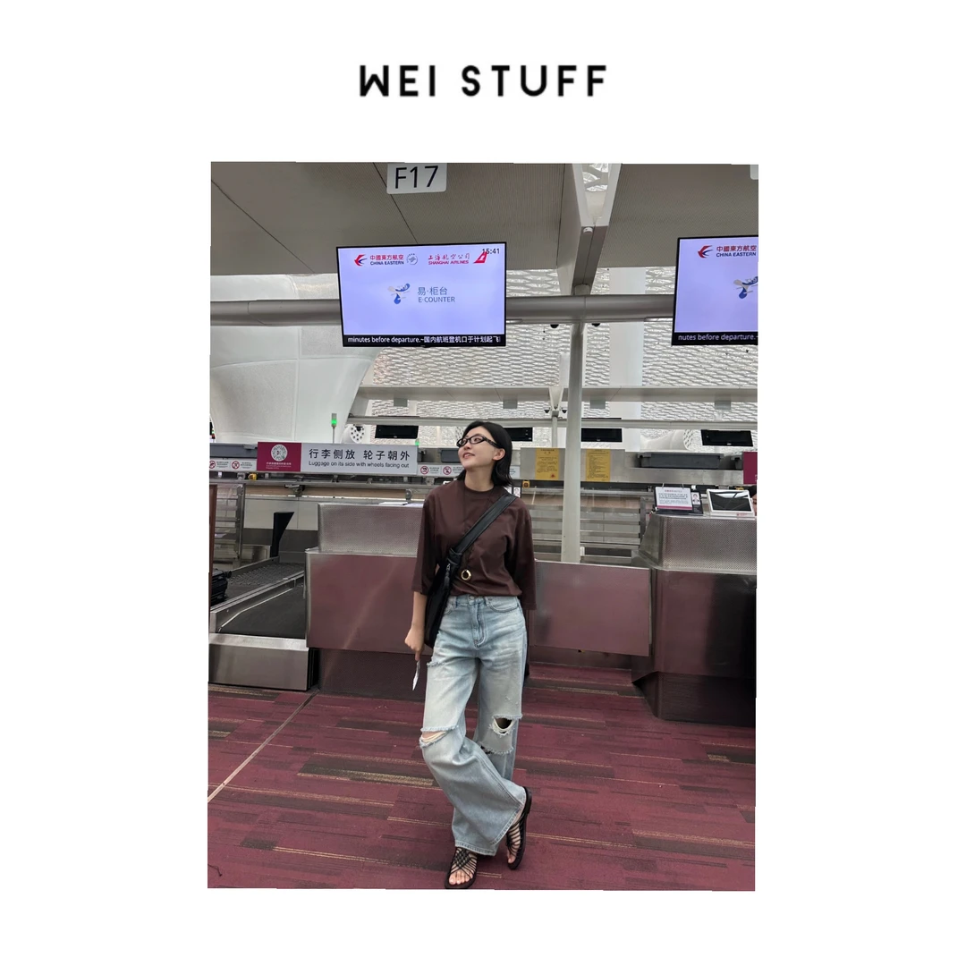 WEI STUFF  “解构主义” 时尚高腰百搭破洞休闲直筒牛仔裤 9425