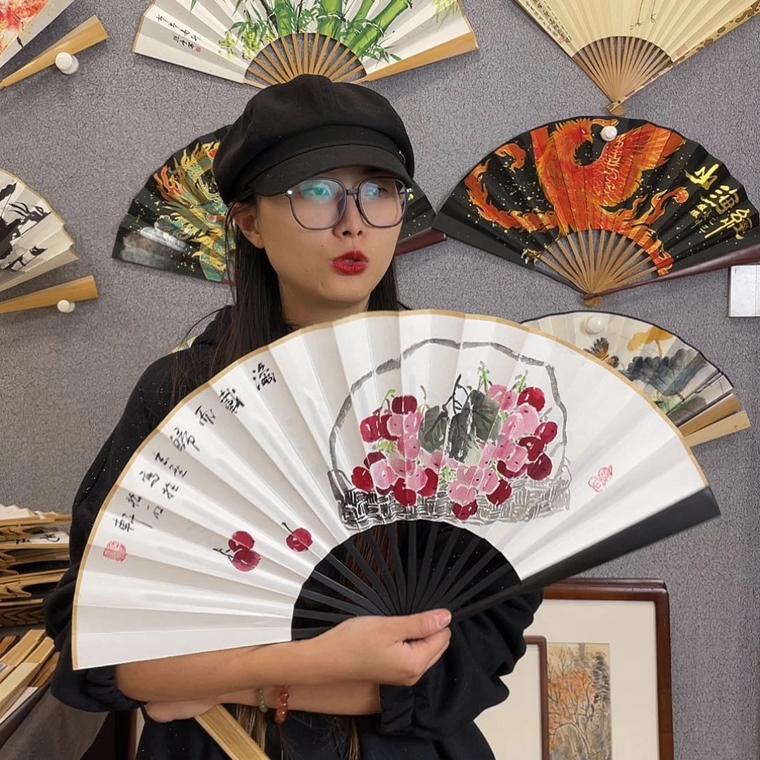 国画10寸-仿乌木福利折扇（默认粘好）