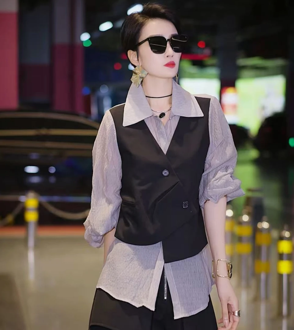 （玟萱推荐）欧货松弛感撞色减龄假两件上衣
