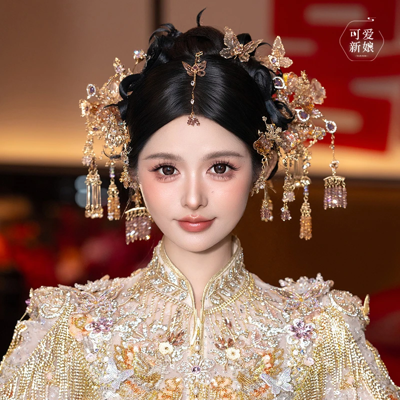 龙凤褂新娘奢华头饰香槟金重工水凝花朵发簪中式秀禾发饰GH085