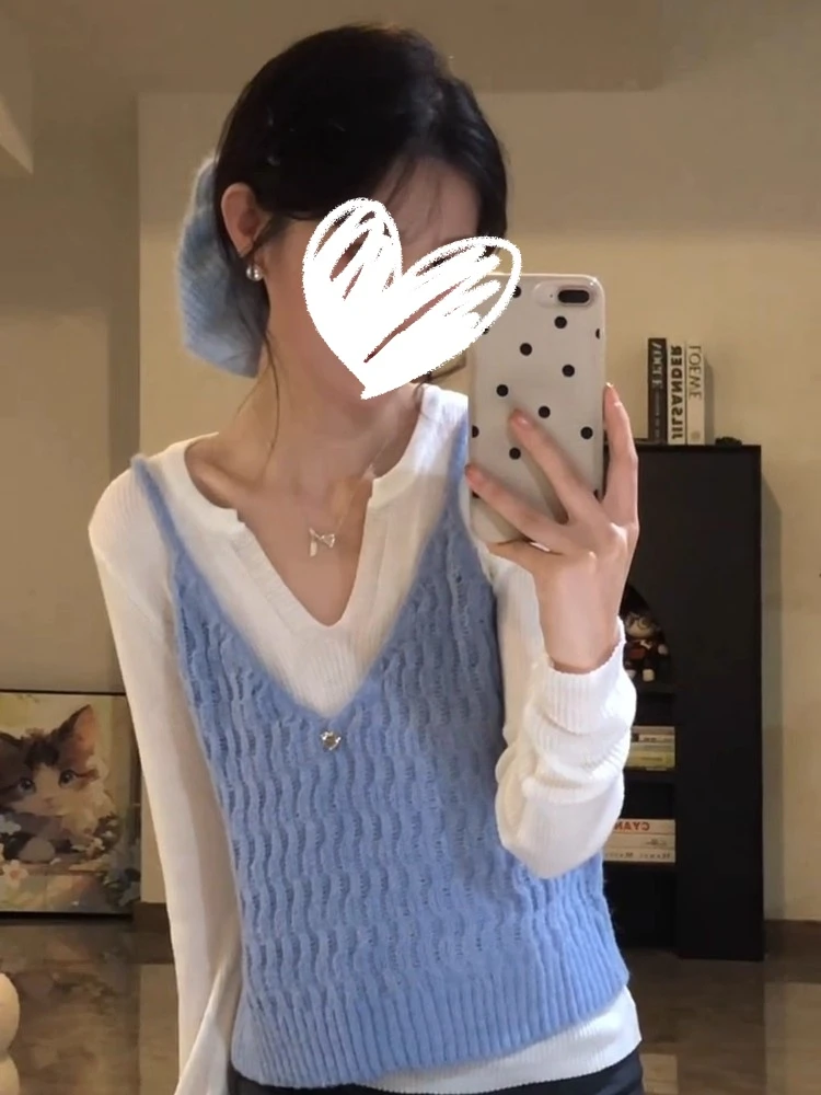 韩系叠穿针织V领马甲背心长袖针织衫女秋季2025新款修身显瘦上衣
