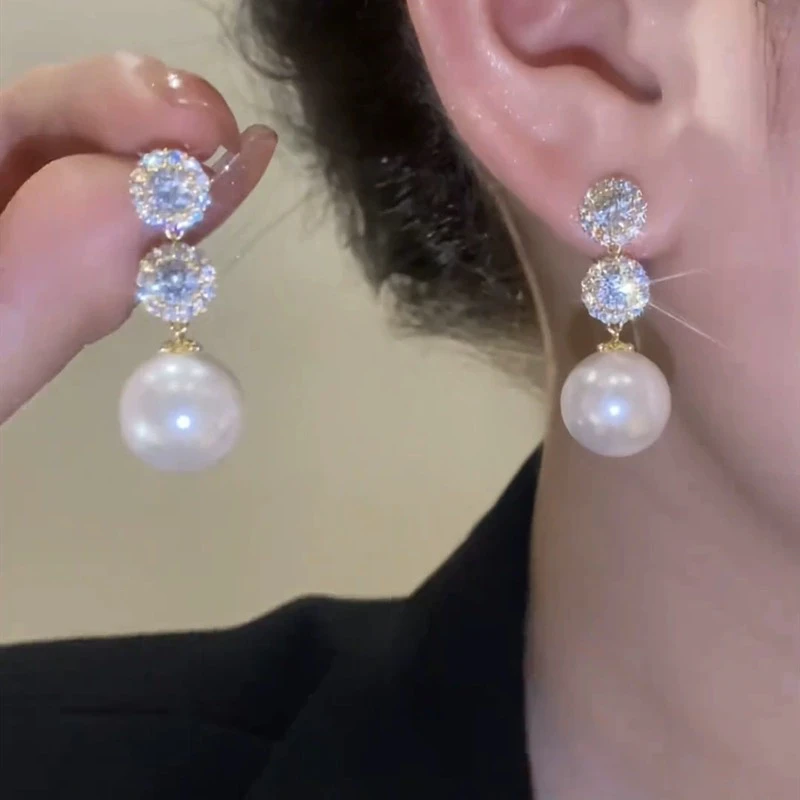 铜合金仿珍珠耳饰 十里间【爆闪～】法式亮晶晶耳环百搭温柔银针耳钉