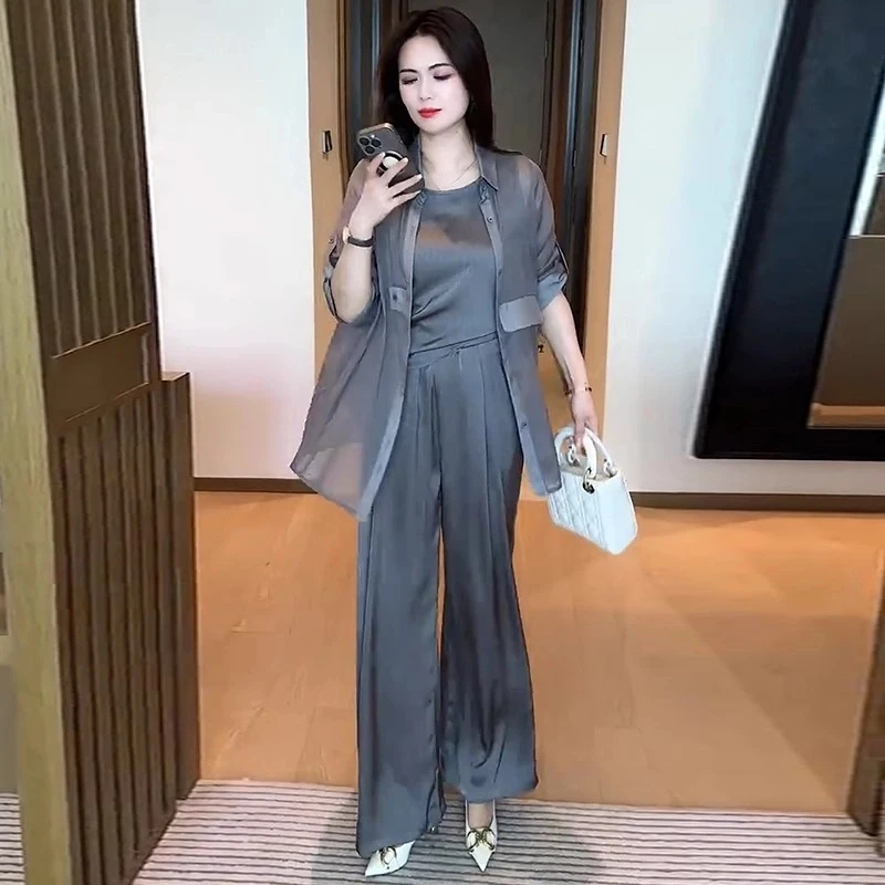 时尚套装女2025夏季新款洋气显瘦防晒衫衬衫吊带阔腿裤休闲三件套
