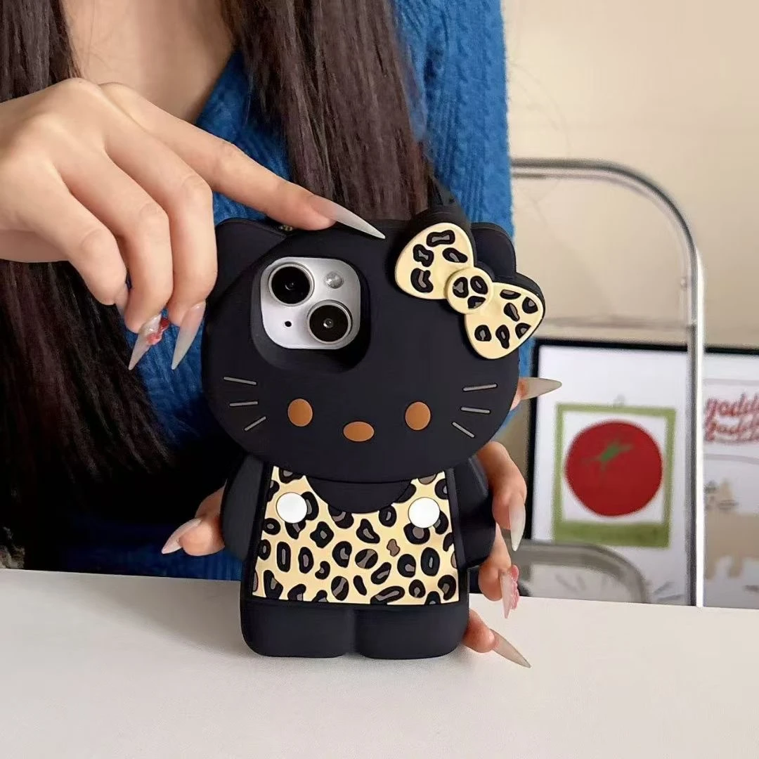 （苹果）卡通可爱黄色豹纹美黑KT猫iPhone16苹果15适用13/14pro max