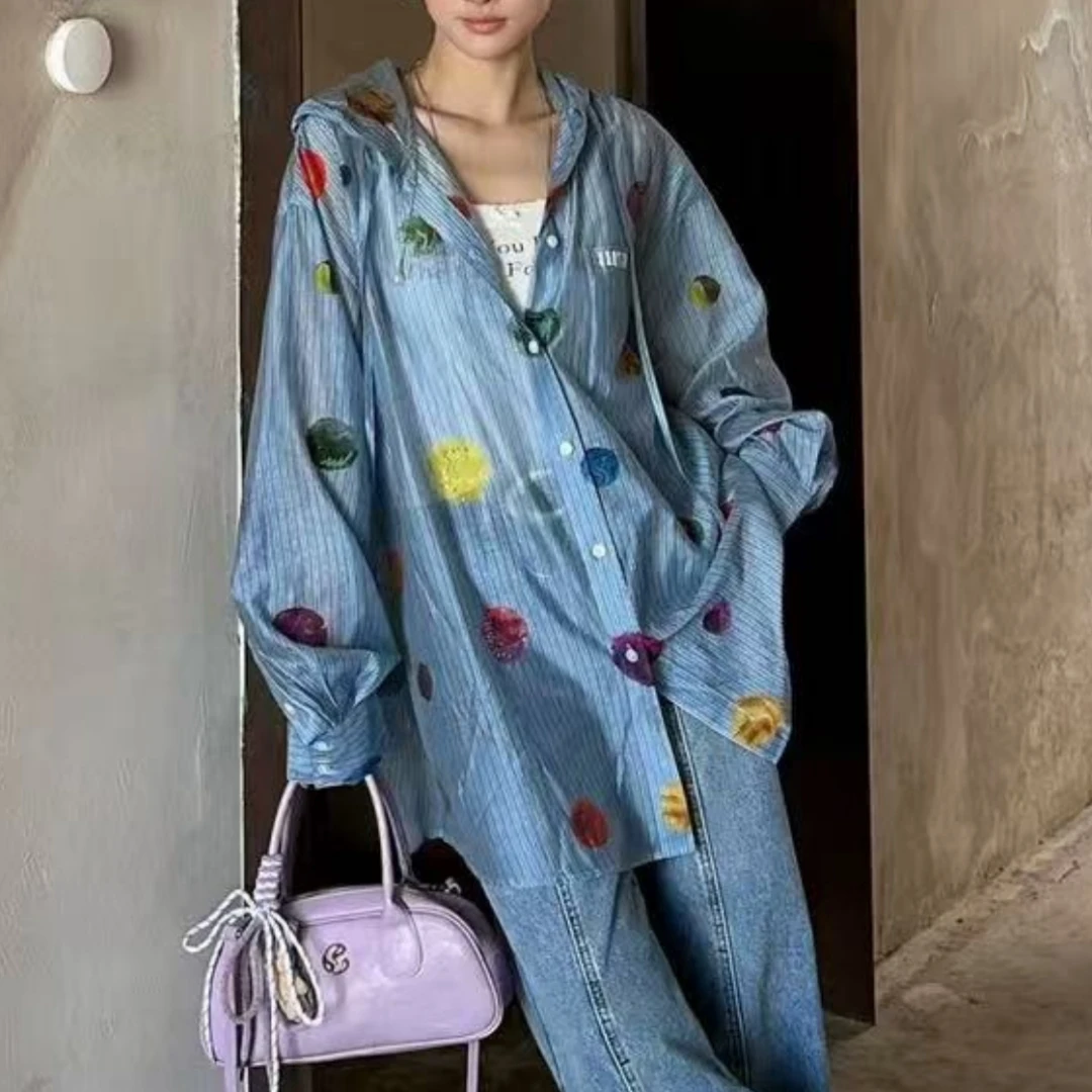 【济州岛】钉钻印花连帽条纹衬衫外套 网家