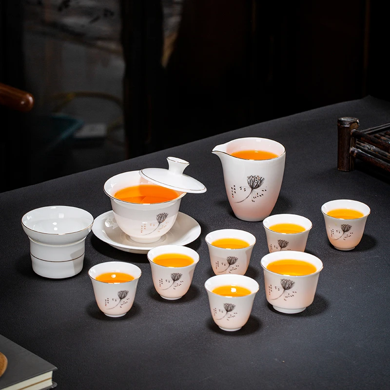 晟翔陶瓷茶具羊脂玉瓷不染莲花悬停盖碗主人杯11件套