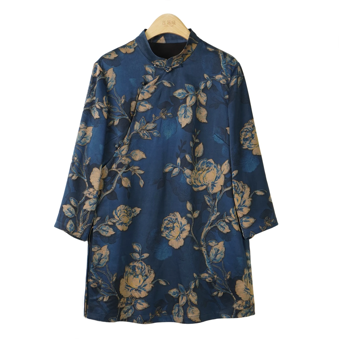 蓝调·牡丹重锻皮子香云纱上衣新中式国风女装SLS25SS156中国风