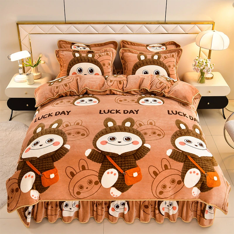 【8斤四件套】加厚牛奶绒四件套卡通加密加绒保暖印花 床裙款双面绒