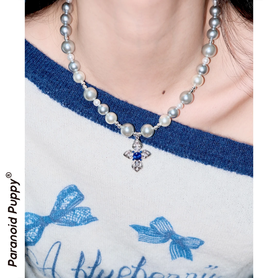 铜合金合成锆石项链 原创《凛》银灰珍珠项链choker十字架锁骨链