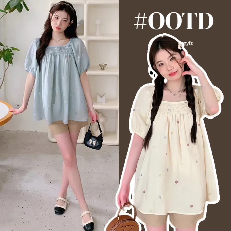 有里衬不透现货孕妇装衬衫上衣夏装新款刺绣花朵雪纺衬衣宽松