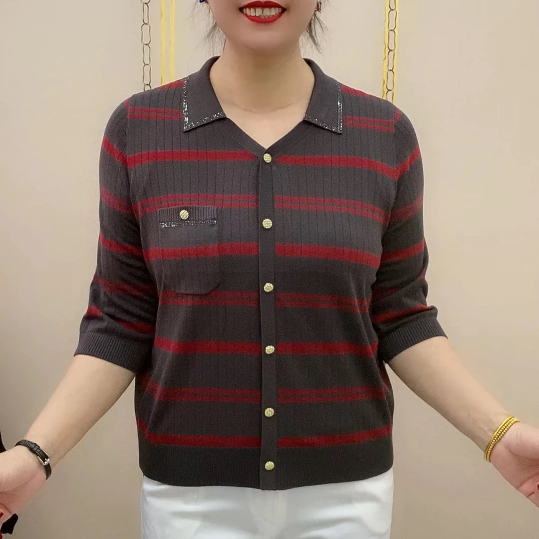 翻领条纹秋季七分袖针织衫