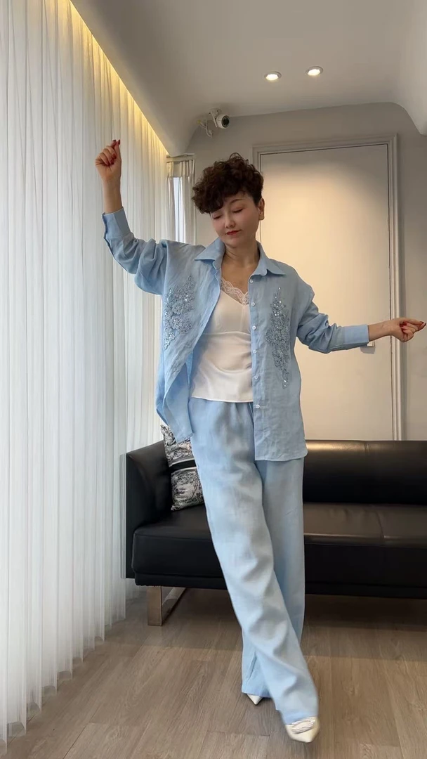 休闲风时尚气质刺绣衬衫领春夏套装00423