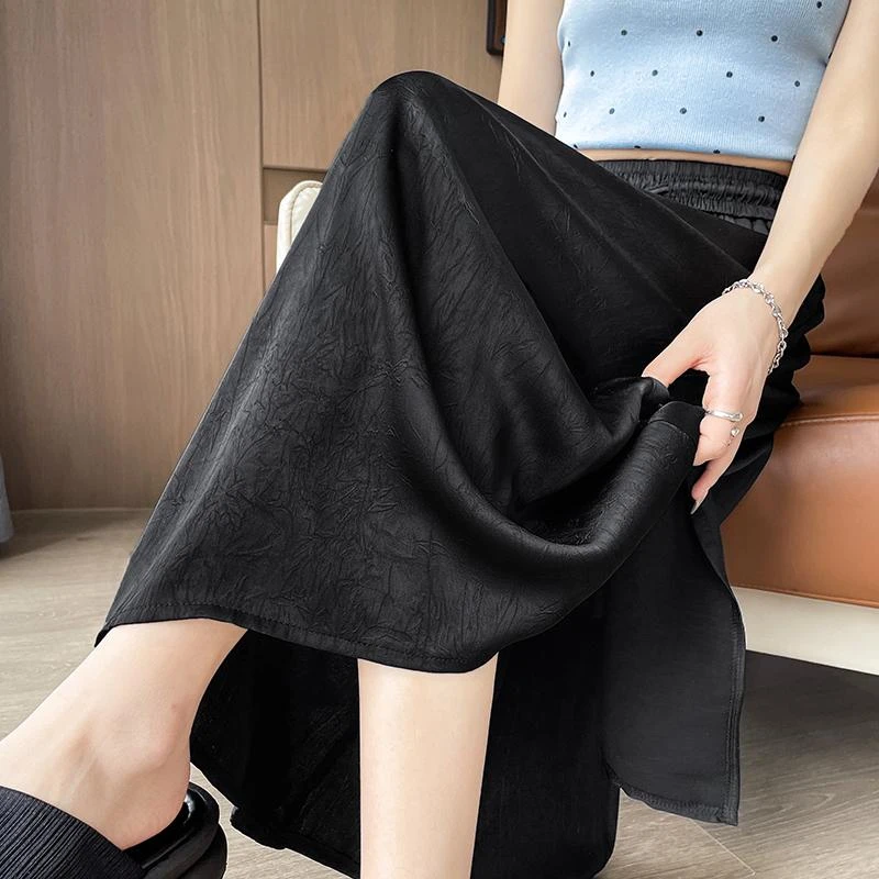 流光半身裙夏季百搭冰丝高腰显瘦垂感醋酸凉凉a字裙开叉中长裙子