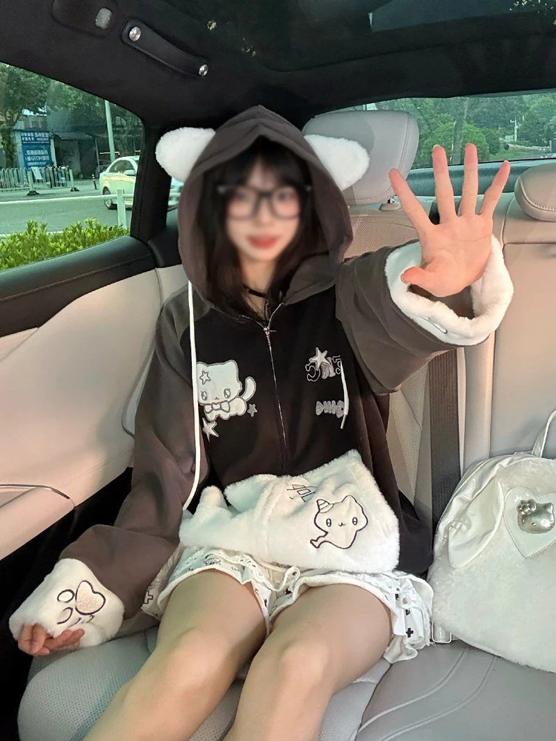 纯棉刺绣开衫卫衣女甜美可爱辣妹小猫插肩袖春秋软萌拉链连帽上衣