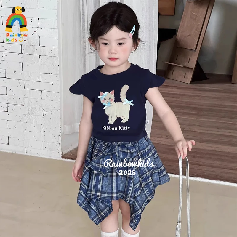 【彩虹家】2025新款小猫T恤夏季格子裙套装-88241