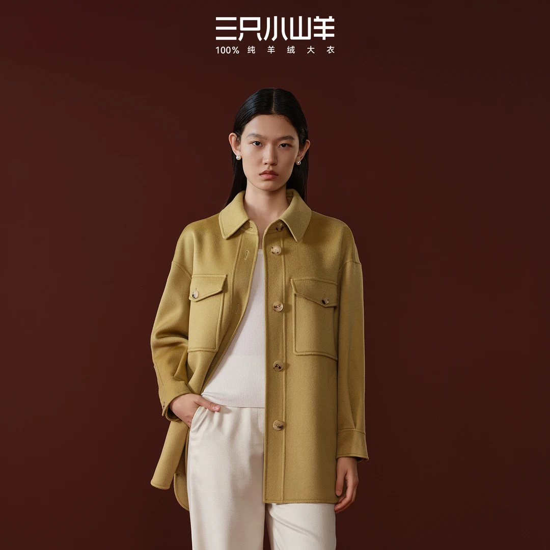 三只小山羊100%纯羊绒大衣 中式上衣外套中山装中长款