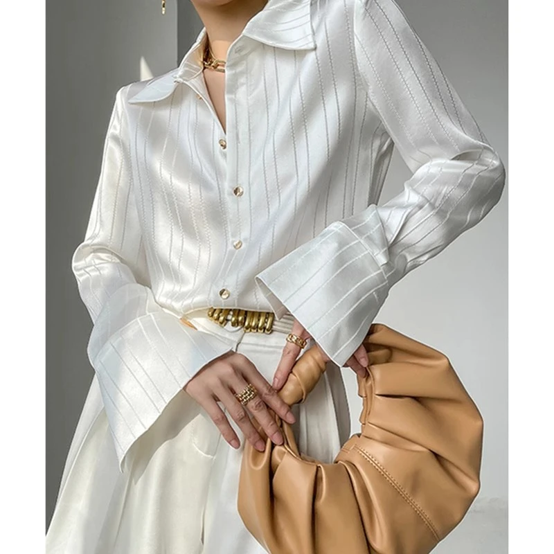 法式条纹衬衫女春秋季2025新款垂感气质高级感气质醋酸缎面白衬衣