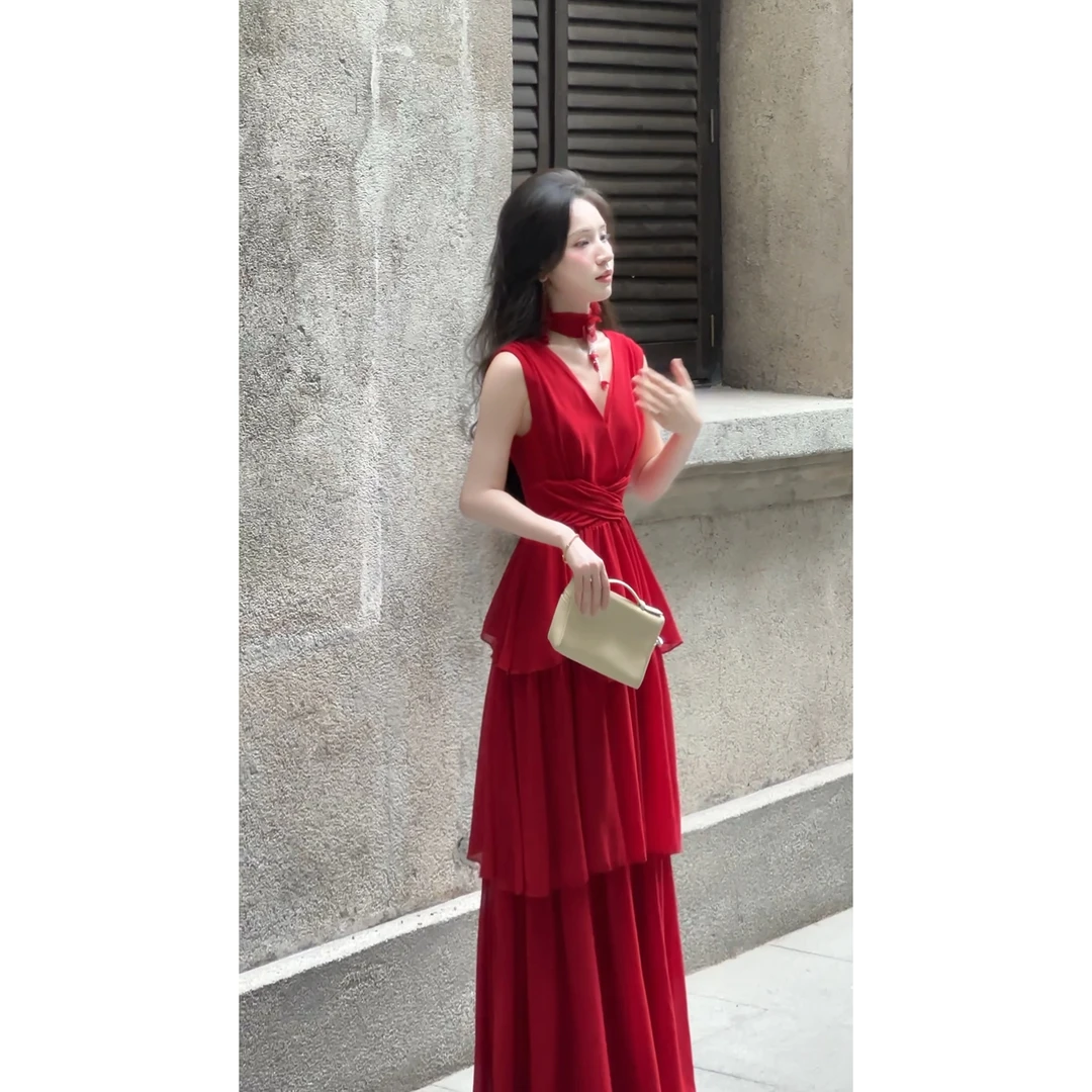 JCC【热颂红+运补6】  高腰气质收腰出彩夏日出游度假感连衣裙