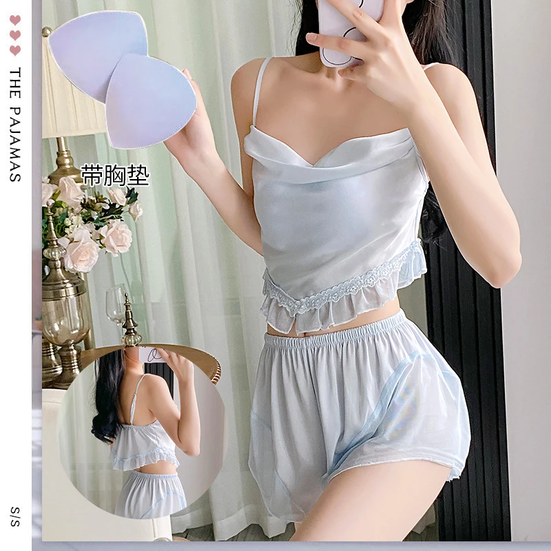 夏季新款绸面吊带短裤清凉舒适睡衣套装带胸垫吊带居家服睡衣