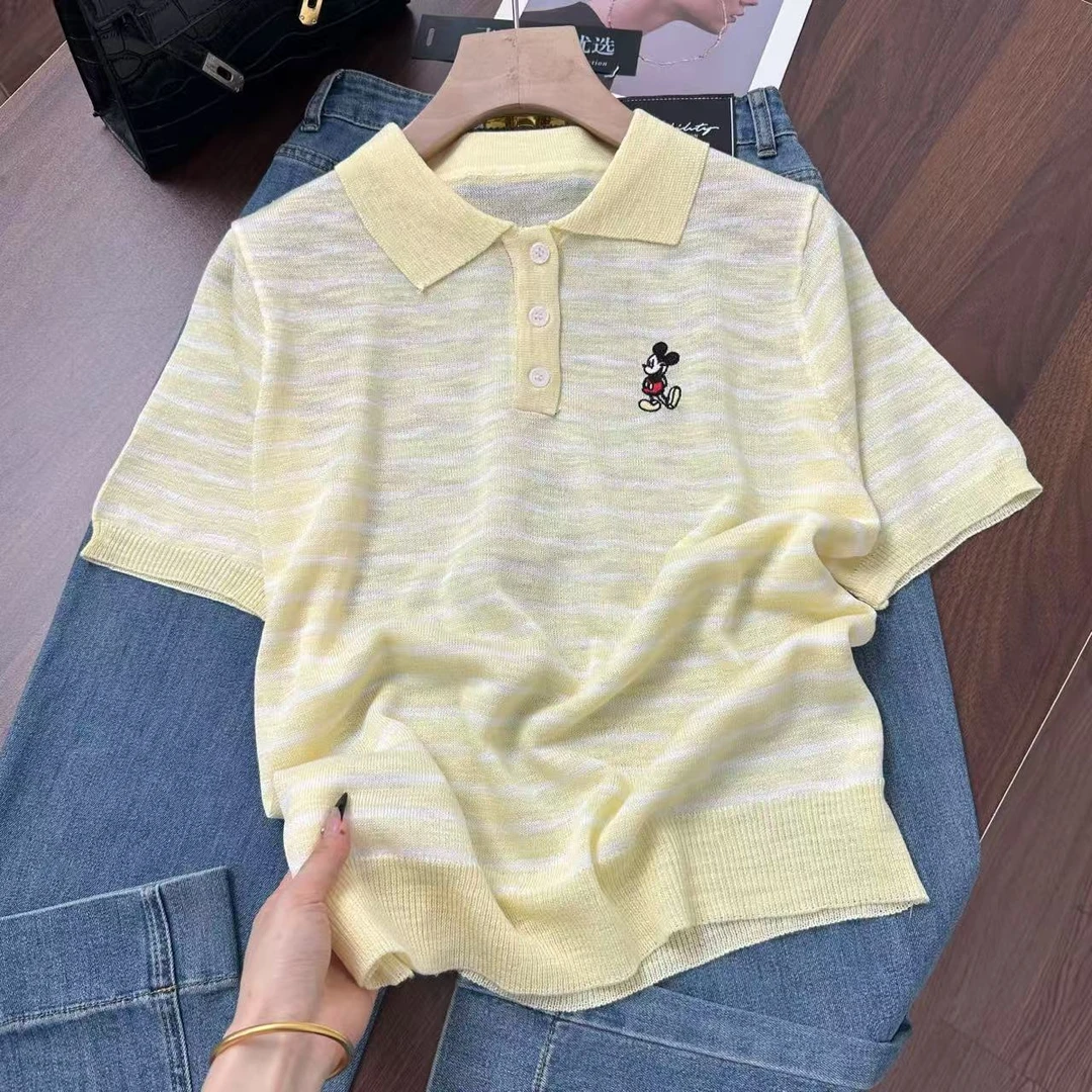 米奇小刺绣~Polo领气质款！细条纹洋气穿搭正肩针织衫Y7441黄