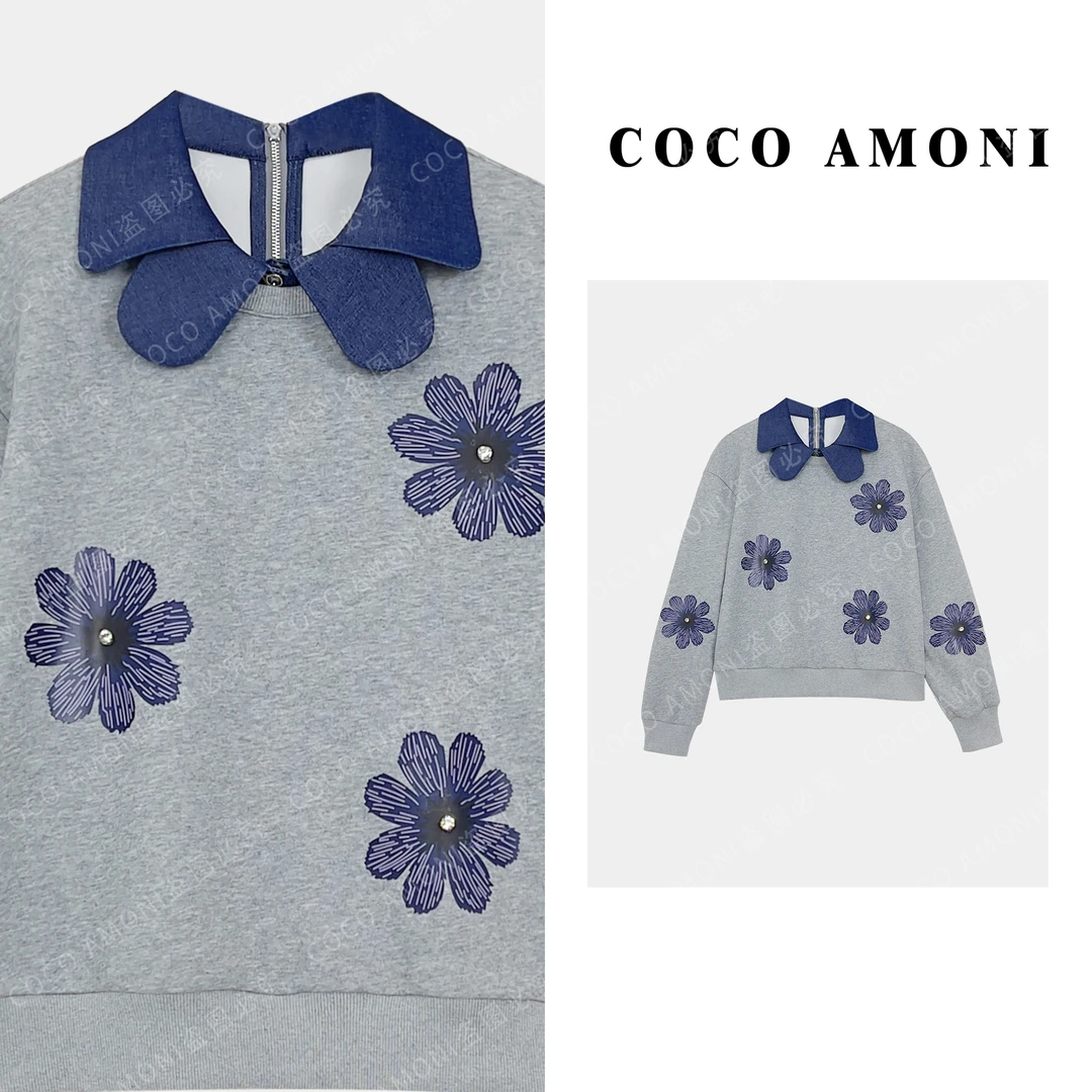 【曼姐专属】圆领印花秋冬新款宽松设计感加厚套头长袖上衣ZQ809